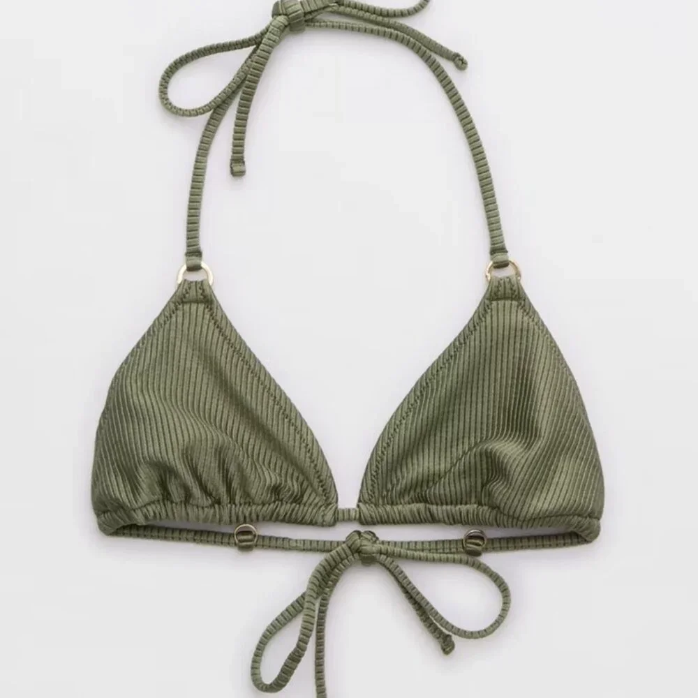 Aerie NWT Shine Rib String Triangle Bikini Top in Olive Fun size Large